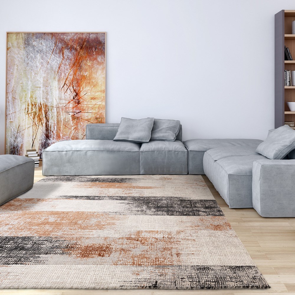 Kuza Lines Modern Distressed Rug in Terracotta Orange